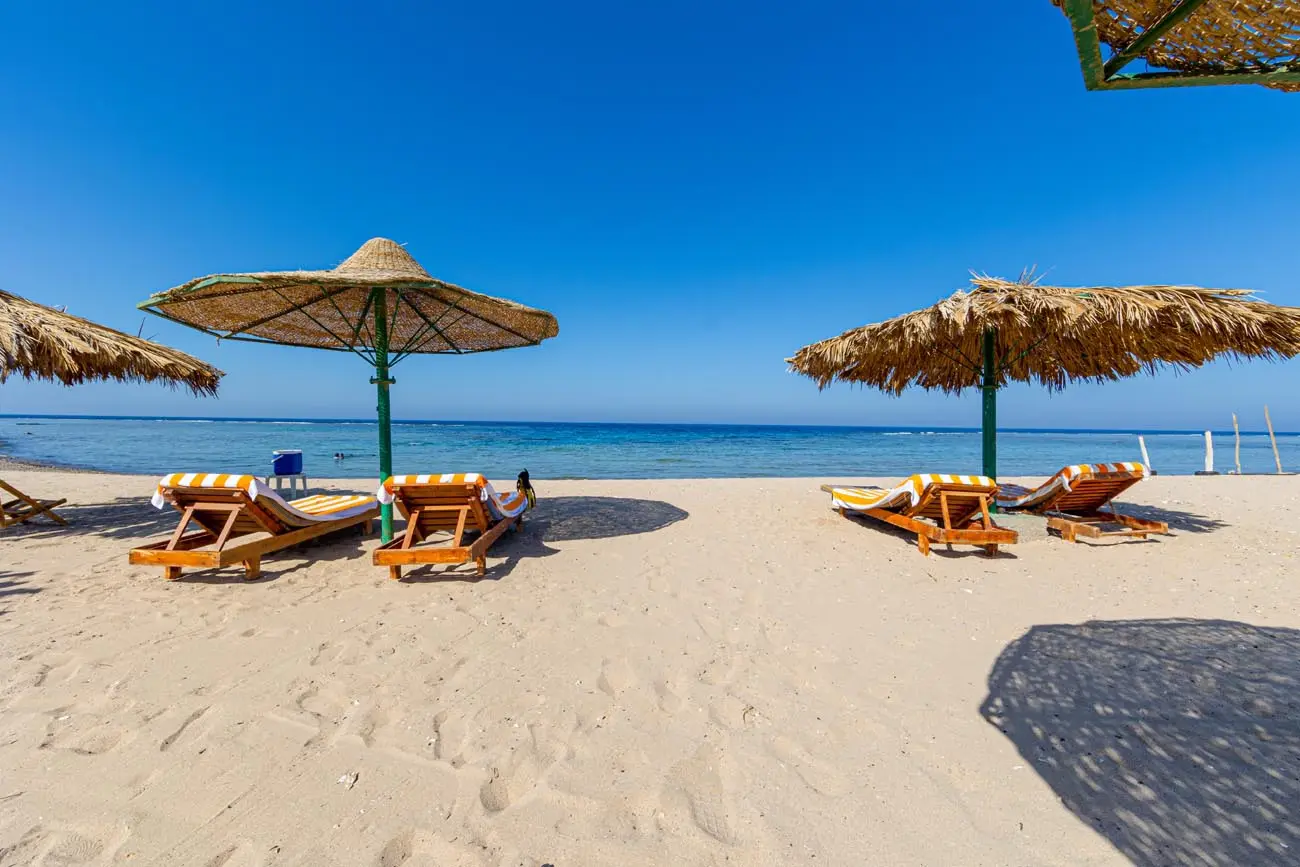 Parasols at Flamenco Beach in El Quseir, Egypt, the Red Sea
