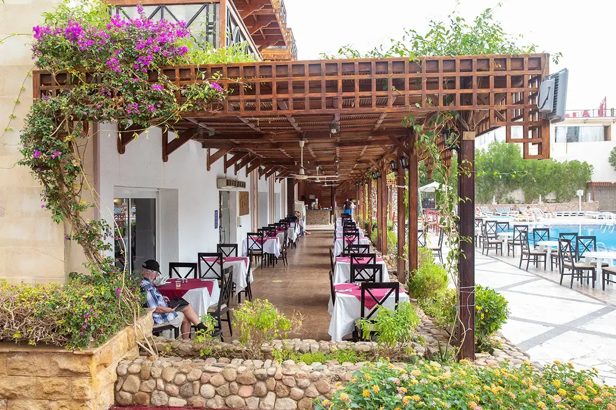 Outdoor dining at Falcon Naama Star Resort in Sharm el Sheikh, Egypt
