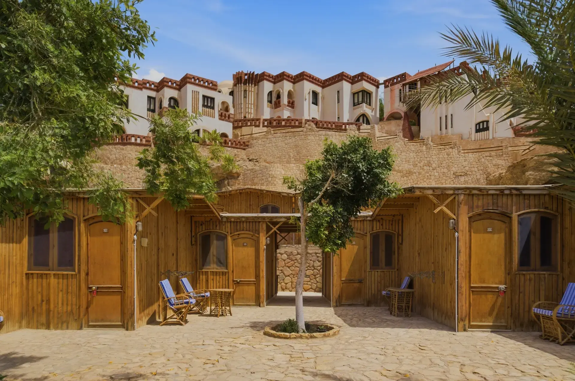 Beach cabins at Sharks Bay Umbi Village in Sharm el Sheikh, Egypt