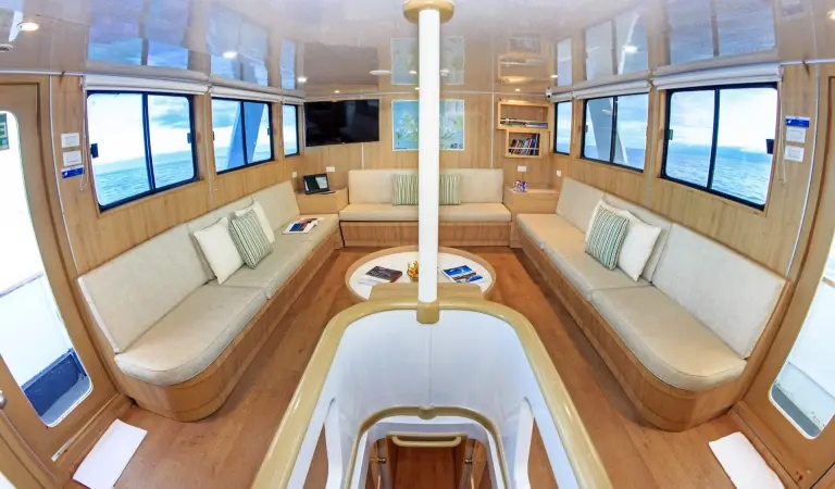 Main deck lounge on Aqua Galápagos, Galápagos