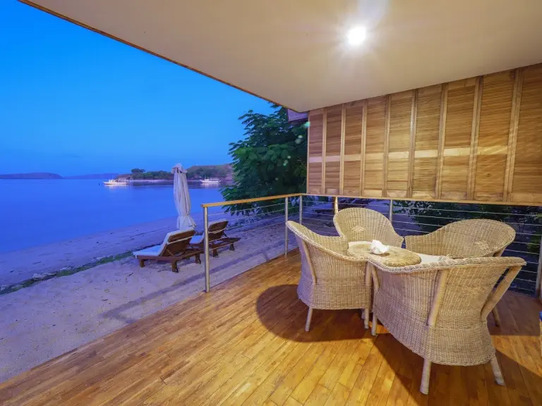Terrace seating area at Komodo Resort in Komodo National Park, Indonesia