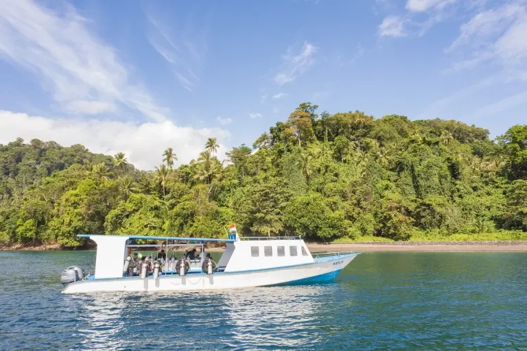 Dive centre boat at White Sands Beach Resort in Lembeh, Indonesia