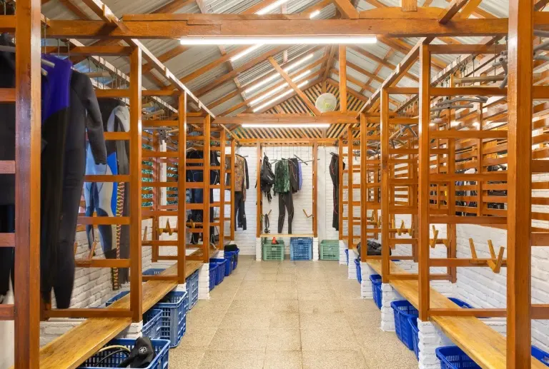 Kit lockers in the dive centre at White Sands Beach Resort in Lembeh, Indonesia