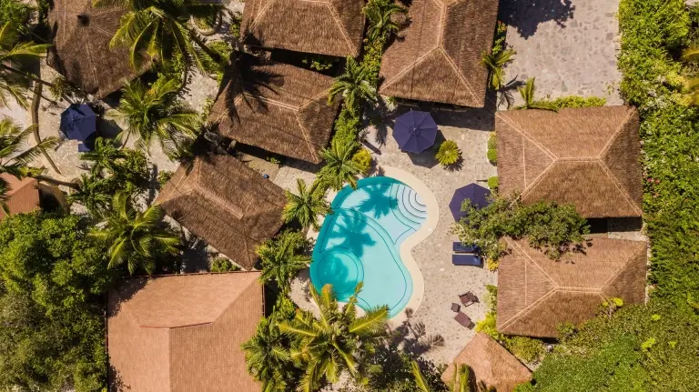 Aerial of the swimming pool at Magic Island Resort in Moalboal, the Philippines