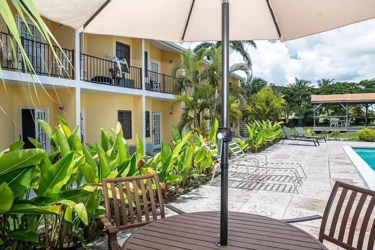 Terrace by the swimming pool at Orange Hill Inn in Nassau, the Bahamas