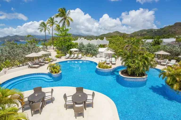 Aerial of the swimming pool at Spice Island Beach Resort in Grenada