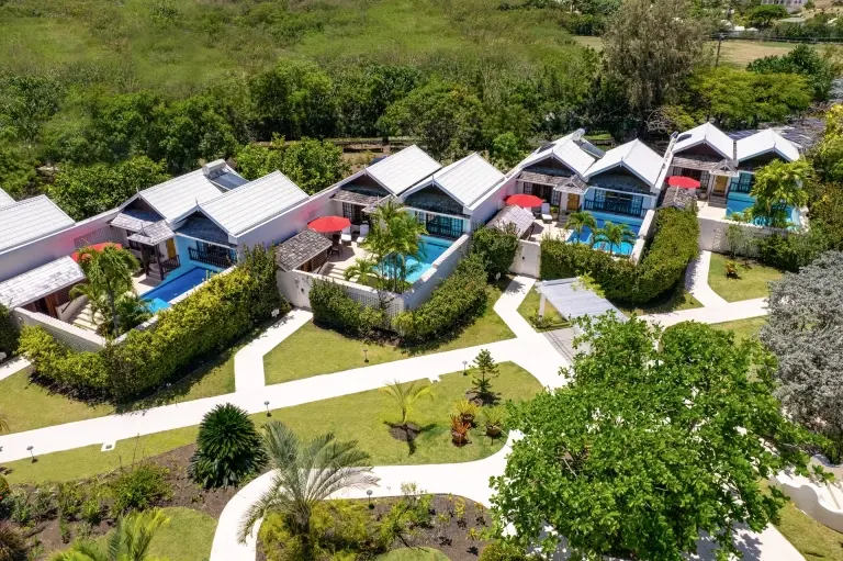 Aerial of the luxury almond pool suites at Spice Island Beach Resort in Grenada