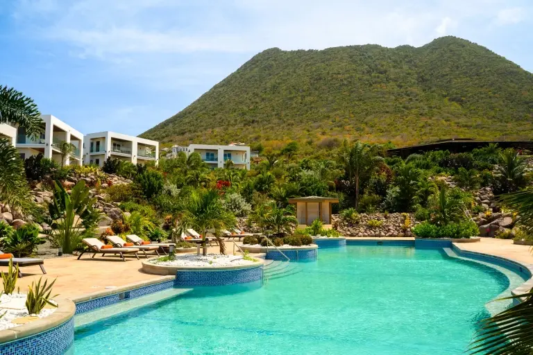 Hibiscus swimming pool at Golden Rock Dive & Nature Resort in St Eustatius, the Caribbean