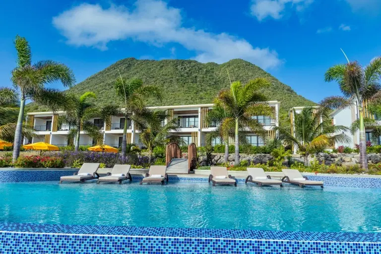 Swimming pool & volcano at Golden Rock Dive & Nature Resort in St Eustatius, the Caribbean