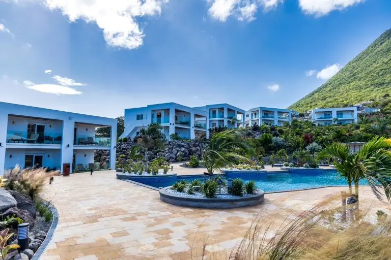 Villas & swimming pool at Golden Rock Dive & Nature Resort in St Eustatius, the Caribbean