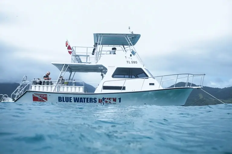 Dive boat at Blue Waters Inn in Speyside, Tobago