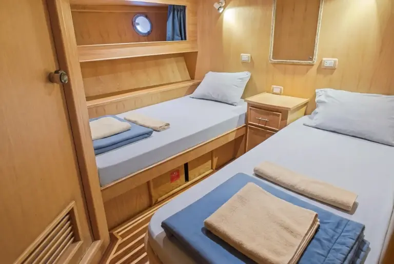 Lower deck twin cabin on Freedom IV, Red Sea