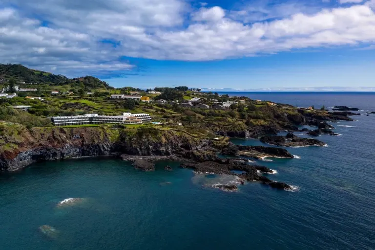 Aerial of the swimming pool at Hotel Caloura in Aqua de Pau, Azores