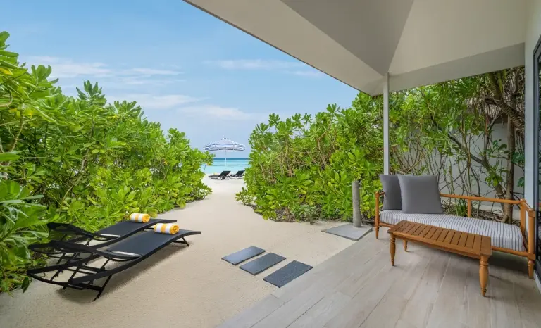 Exterior of a beach vila at Le Meridien Maldives Resort & Spa, Maldives.