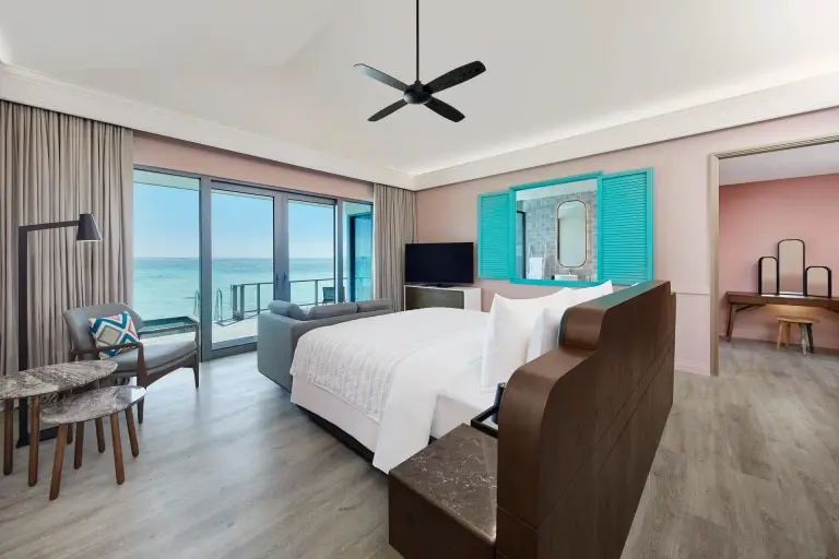 Interior of a lagoon villa at Le Meridien Maldives Resort & Spa, Maldives.