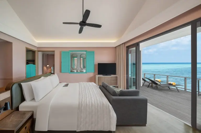 Interior of an over-water villa at Le Meridien Maldives Resort & Spa, Maldives.