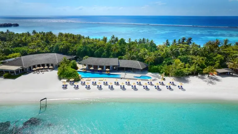 Aerial view of Velaa Bar & Grill at Le Meridien Maldives Resort & Spa, Maldives.