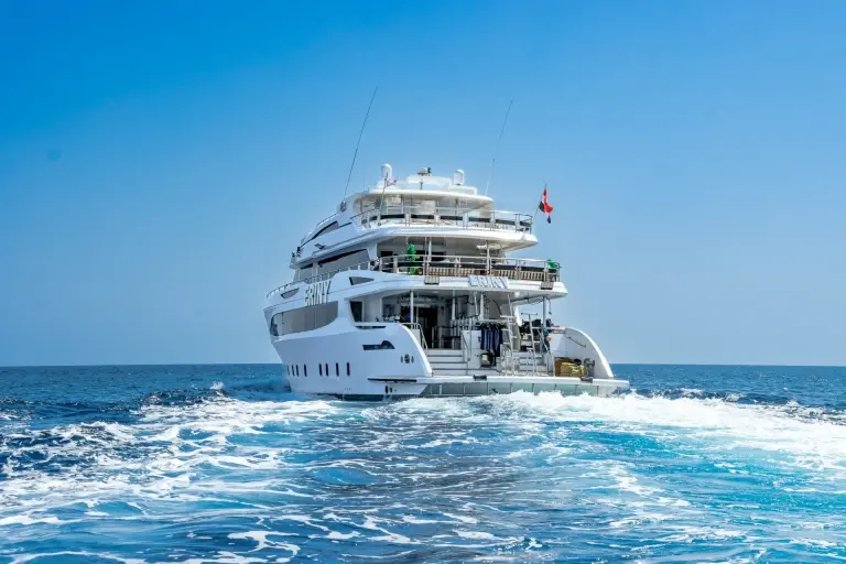 Rear exterior view of the Eriny liveaboard, Red Sea.