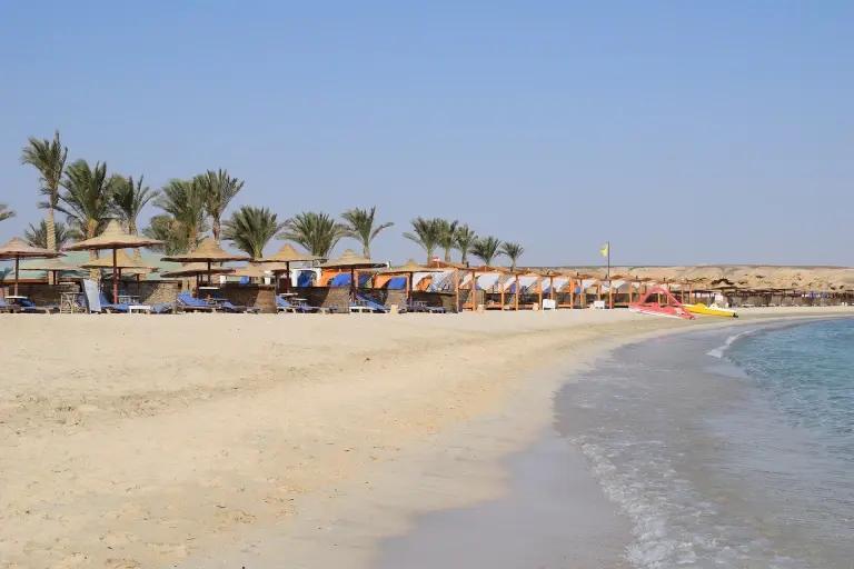 Sun loungers & beach at Abu Dabbab Diving Lodge in Egypt