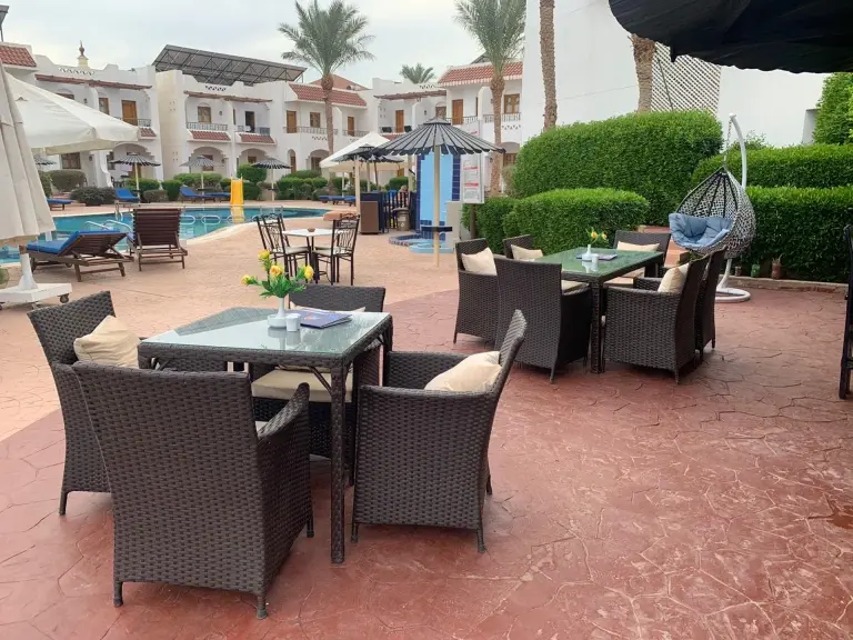 Poolside area at Dive Inn Hotel in Ras Um Sid, Sharm El Sheikh, Egypt