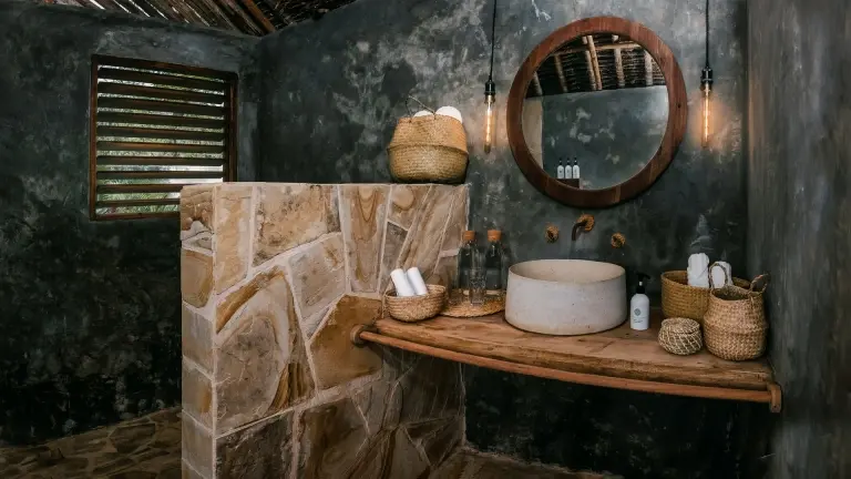 Superior garden room bathroom at The Manta Resort in Pemba, Tanzania