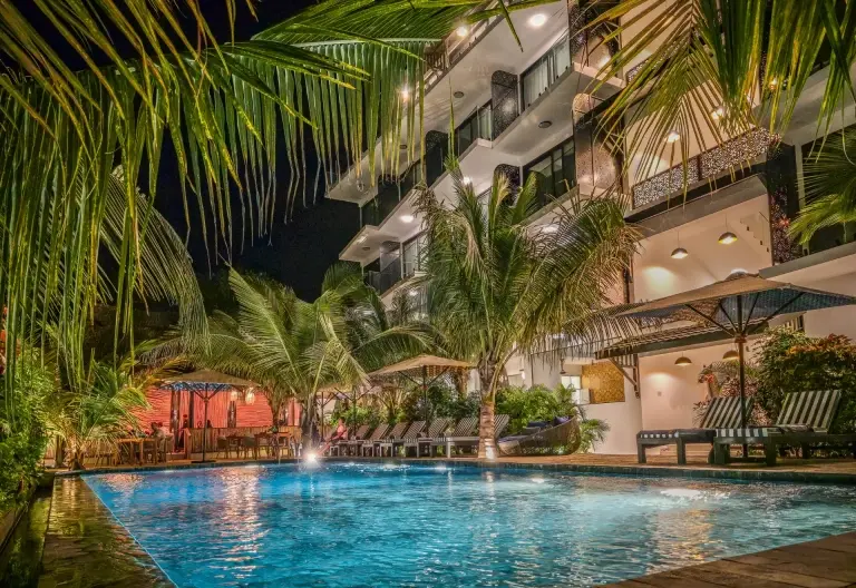 View of the swimming pool and the Marigold Restaurant, at the Z2 Hotel in Nungwi, Zanzibar