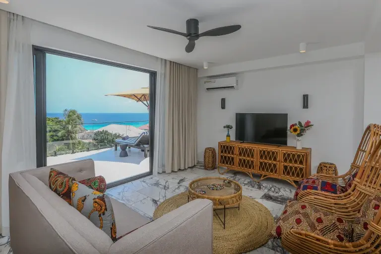 The lounge area in a rooftop terrace suite, at the Z2 Hotel in Nungwi, Zanzibar