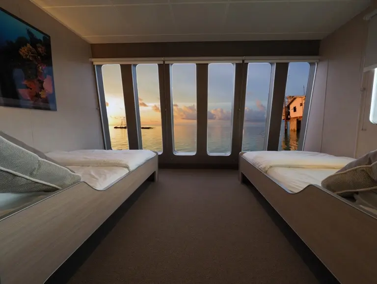 View from the deluxe cabin on board Solitude Adventurer liveaboard in Indonesia