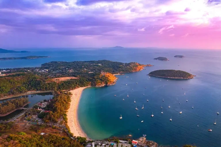 Aerial of Nai Harn beach in Phuket, Thailand