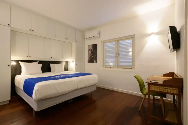 Bedroom in a two-bedroom apartment at Scuba Lodge Boutique Hotel, Curacao.