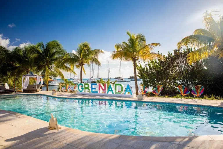 View of the swimming pool from the Cocoa pods at True Blue Bay Boutique Resort in Grenada