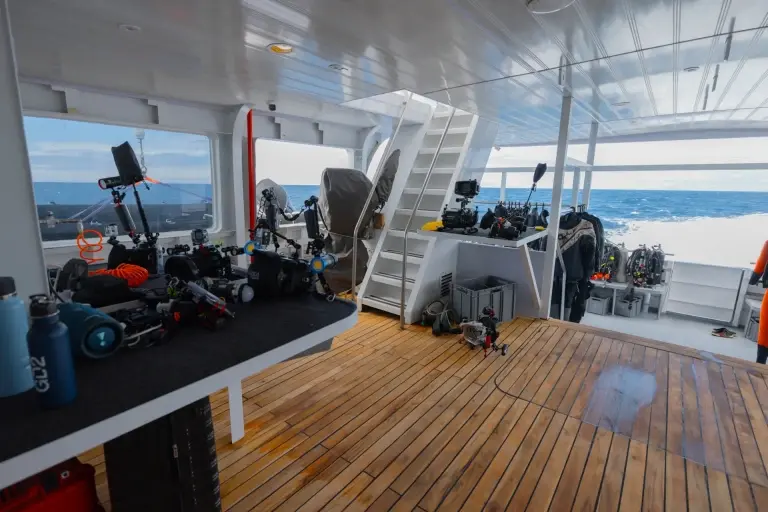 Underwater camera table on the dive deck, Galaxy Diver II, Galapagos Islands