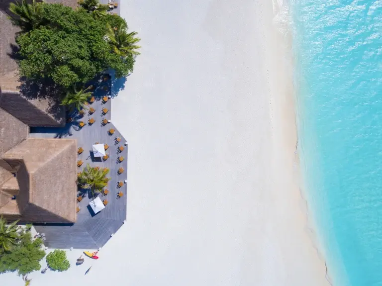 Aerial image of the beach at Meeru Island Resort, Maldives