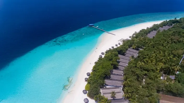 Aerial of Reethi Beach Resort in the Maldives