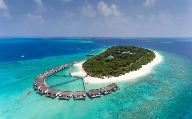 Aerial of Reethi Beach Resort in the Maldives