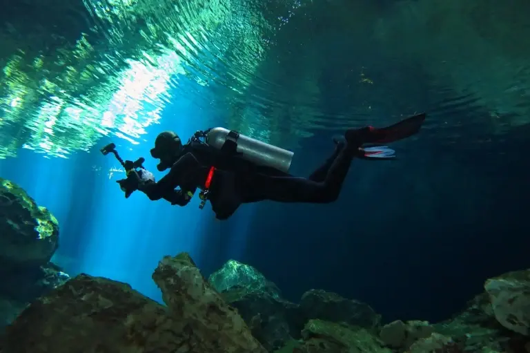 Underwater diver in the Cenotes, Mexico
