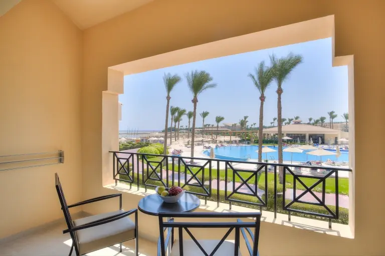 Balcony of a Deluxe Pool View Room at Cleopatra Resort Makadi Bay, Egypt.